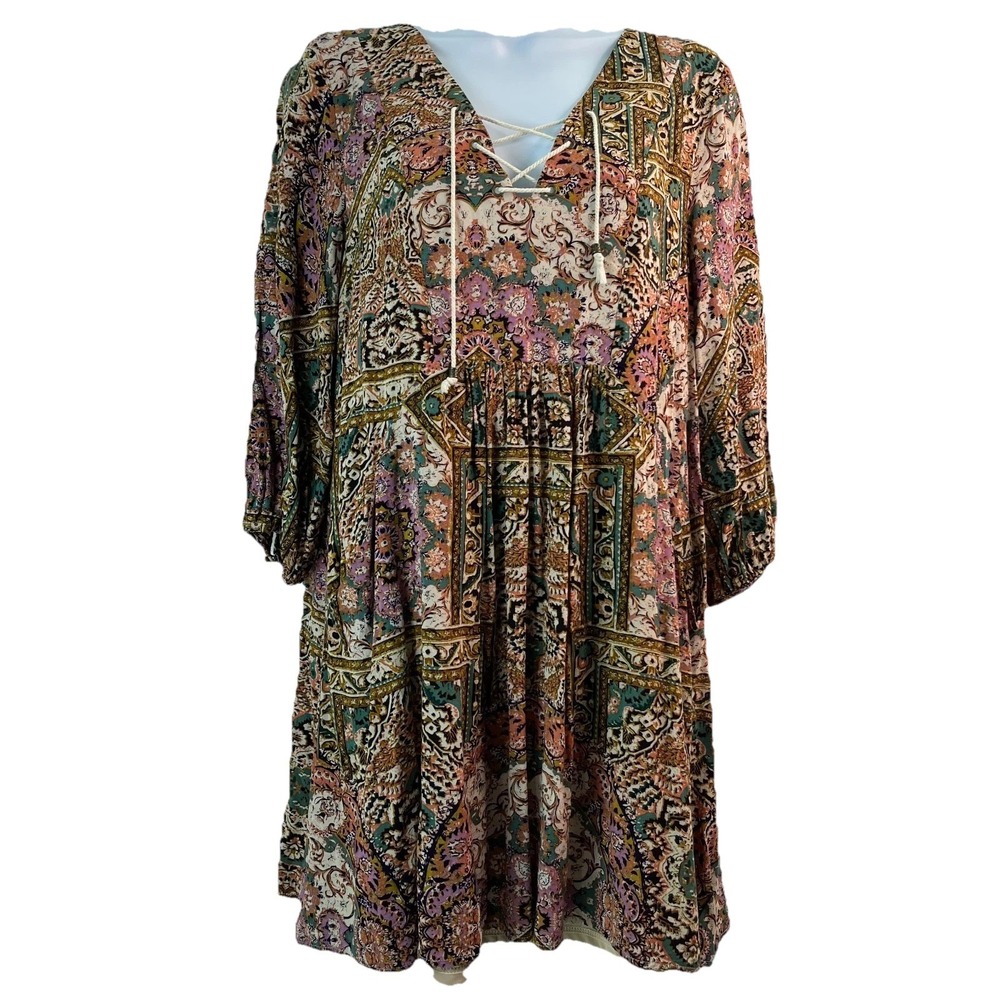 Entro Tunic Mini Dress Womens M Multicolor Paisley Boho Cottagecore Lagenlook